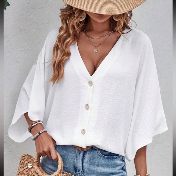 Oversized Loose Fit Batwing Sleeve Button Down Shirt Top Blouse - Picture 3 of 6